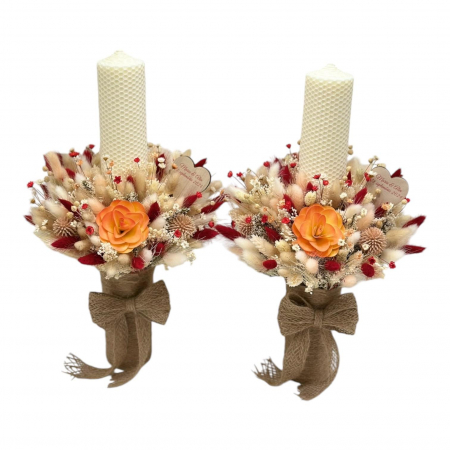 Lumanari cununie - Set lumanari personalizabil, fagure, pentru nunta sau botez cu aranjament circular cu plante naturale uscate, 40 cm