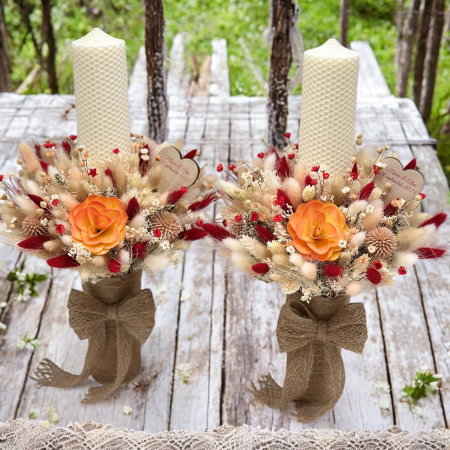 Set lumanari personalizabil, fagure, pentru nunta sau botez cu aranjament circular cu plante naturale uscate, 40 cm [1]
