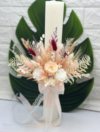 Set lumanari personalizabile,din ceara naturala, tip fagure, pentru nunta sau botez cu aranjament frontal cu trandafiri criogenati si plante naturale uscate, 40 cm [2]