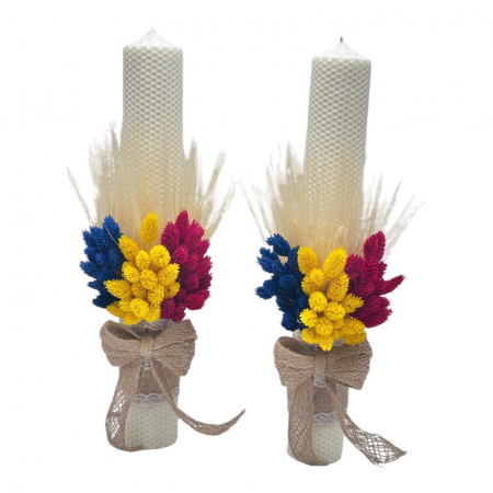 Lumanari decorative - Set lumanari traditional, fagure, pentru nunta sau botez cu aranjament frontal cu plante naturale uscate, 40 cm (Tricolor)
