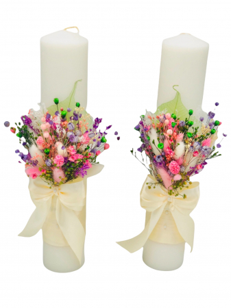 Set nunta, 2 lumanari personalizabile cu nume si data, 30 cm cu aranjament frontal, 2 buchete mici cu 9 trandafiri si 2 cocarde (Multicolor) [3]