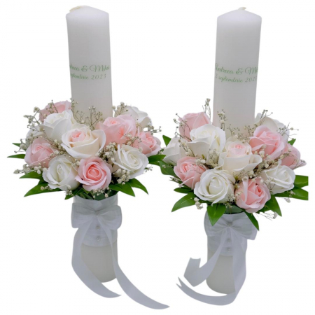 Lumanari cununie - Set nunta, 2 lumanari personalizabile cu nume si data decorate cu flori din foita de sapun, 40 cm (Alb-roze)