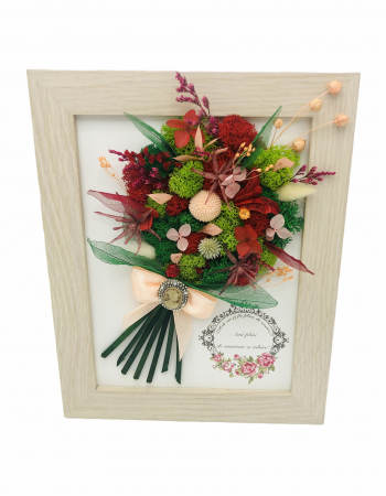 Tablou cu buchet flori in rama din licheni, frunze fosilizate si plante naturale criogenate si uscate, Eventissimi, Personalizabil, Multicolor, predominant verde, 19 x24 cm [5]