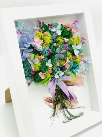 Tablou cu buchet flori in rama din licheni si plante naturale criogenate si uscate, Eventissimi, Personalizabil, Multicolor, 19 cm x 24 cm [1]
