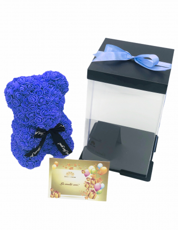 Urs floral albastru, personalizabil cu felicitare personalizabila, Eventissimi, ursulet decorat manual cu trandafiri de spuma, Teddy Bear 25 cm, cutie decorativa inclusa [0]
