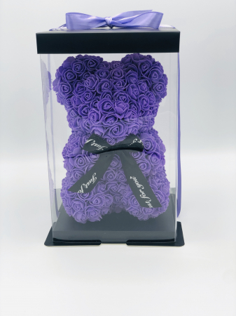 Urs floral mov, personalizabil cu felicitare personalizabila, ursulet decorat manual cu trandafiri de spuma, Teddy Bear 25 cm, cutie decorativa inclusa [2]