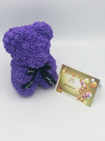 Urs floral mov, personalizabil cu felicitare personalizabila, ursulet decorat manual cu trandafiri de spuma, Teddy Bear 25 cm, cutie decorativa inclusa [3]