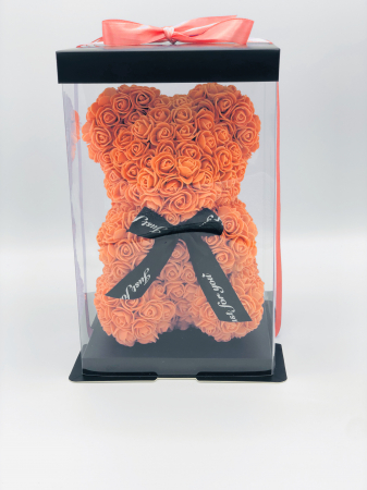 Urs floral portocaliu personalizabil cu felicitare personalizabila, ursulet decorat manual cu trandafiri din spuma, Teddy Bear 25 cm, cutie decorativa inclusa [2]