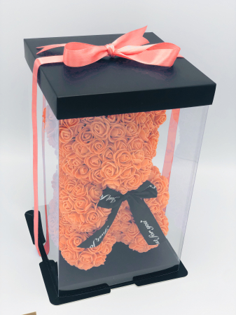 Urs floral portocaliu personalizabil cu felicitare personalizabila, ursulet decorat manual cu trandafiri din spuma, Teddy Bear 25 cm, cutie decorativa inclusa [3]