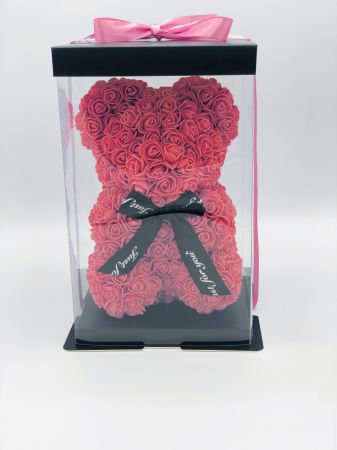 Urs floral rosu, personalizabil cu felicitare personalizabila, Eventissimi, ursulet decorat manual cu trandafiri de spuma, Teddy Bear 25 cm, cutie decorativa inclusa [2]