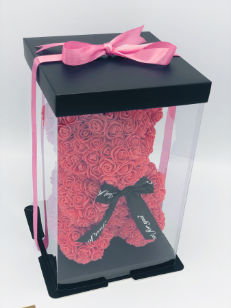 Urs floral rosu, personalizabil cu felicitare personalizabila, Eventissimi, ursulet decorat manual cu trandafiri de spuma, Teddy Bear 25 cm, cutie decorativa inclusa [4]