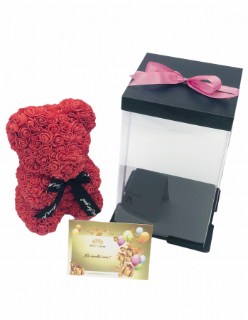 Urs floral rosu, personalizabil cu felicitare personalizabila, Eventissimi, ursulet decorat manual cu trandafiri de spuma, Teddy Bear 25 cm, cutie decorativa inclusa [0]