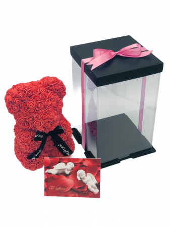 Urs floral rosu, personalizabil cu felicitare personalizabila, Eventissimi, ursulet decorat manual cu trandafiri de spuma, Teddy Bear 25 cm, cutie decorativa inclusa [1]
