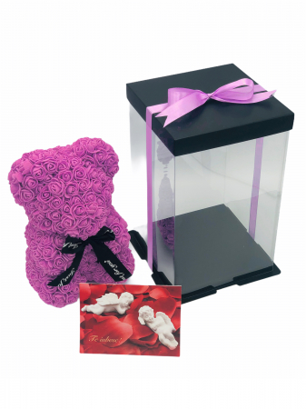 Urs floral roz, personalizabil cu felicitare personalizabila, Eventissimi, ursulet decorat manual cu trandafiri de spuma, Teddy Bear 25 cm, cutie decorativa inclusa [1]