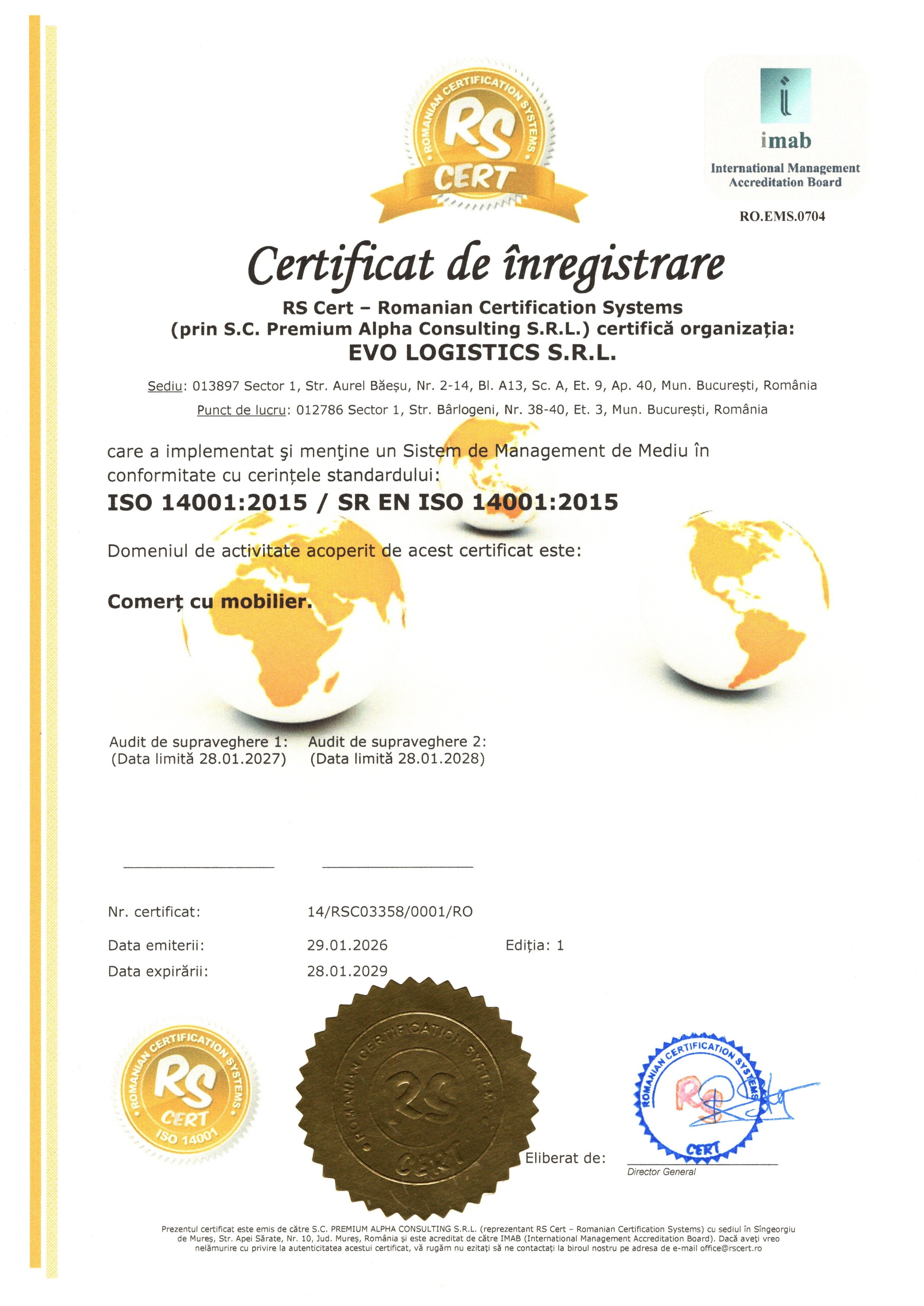 Certificat EVOhoreca ISO 14001