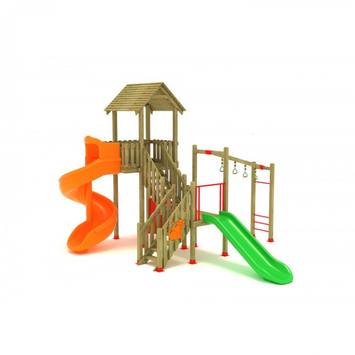 01A Clasic Echipament loc de joaca exterior parc din lemn cu Scara 2 Tobogane si Cataratoare [2]