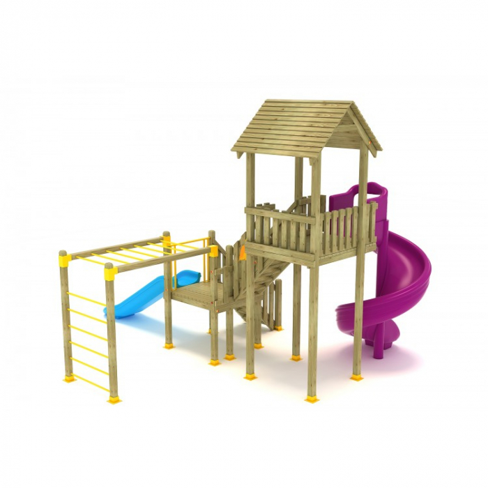 02A Clasic Echipament loc de joaca exterior parc din lemn cu Scara 2 Tobogane si Cataratoare [2]