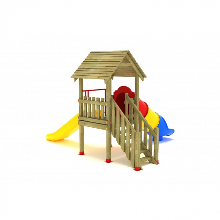 03A Clasic Echipament loc de joaca exterior parc din lemn cu Scara si 2 Tobogane [2]