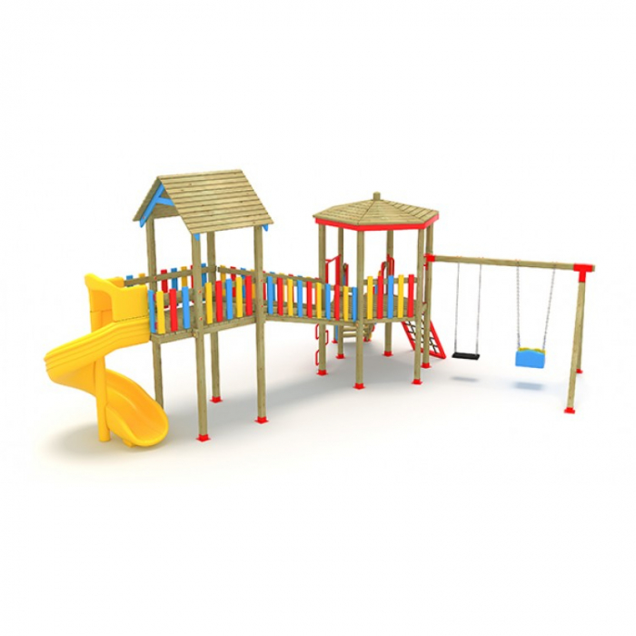 05A Clasic Echipament loc de joaca exterior parc din lemn cu Scara Tobogan 2 Cataratoare si 2 Leagane [2]