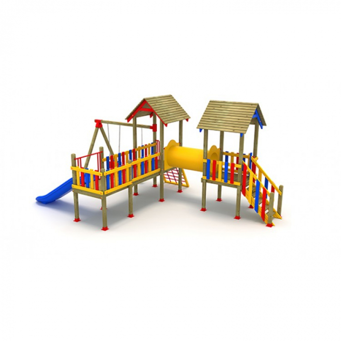 06A Clasic Echipament loc de joaca exterior parc din lemn cu Scara Tobogan Cataratoare Tunel si 2 Leagane [2]