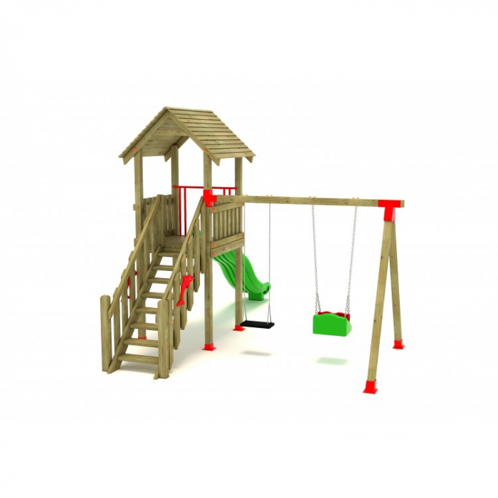 07A Clasic Echipament loc de joaca exterior parc din lemn cu Scara Tobogan si 2 Leagane [2]