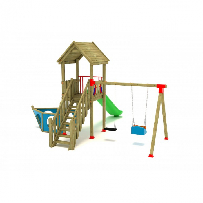 08A Clasic Echipament loc de joaca exterior parc din lemn cu Scara Tobogan si 2 Leagane [2]