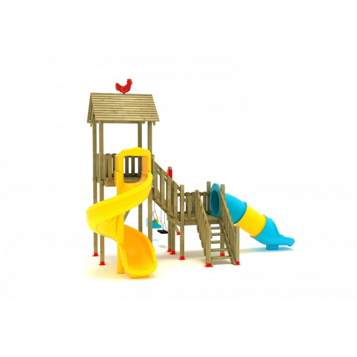 09A Clasic Echipament loc de joaca exterior parc din lemn cu Scara 2 Tobogan si 2 Leagane [2]