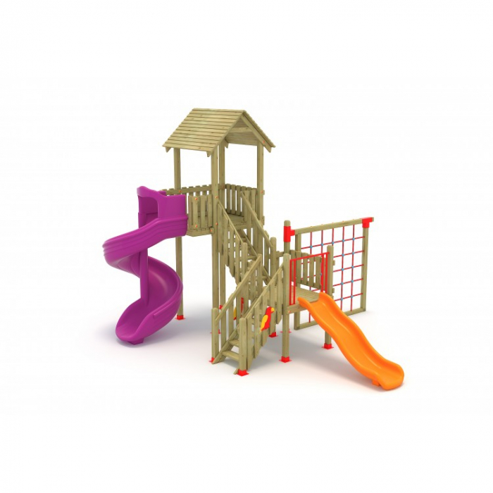 10A Clasic Echipament loc de joaca exterior parc din lemn cu Scara 2 Tobogan si Cataratoare [2]
