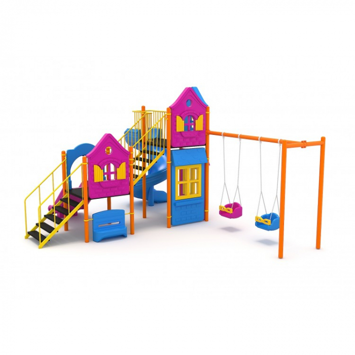 125M Casă Echipament loc de joaca exterior parc din metal cu Scară 2 Tobogane Băncuță si 2 Leagăne [1]