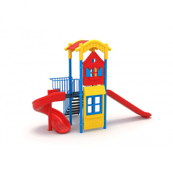 126M Casă Echipament loc de joaca exterior parc din metal cu Scară si 2 Tobogane [2]