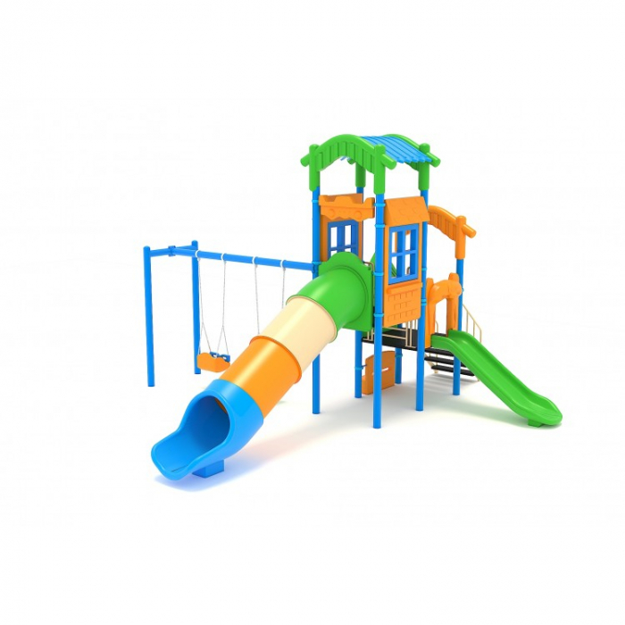 127M Casă Echipament loc de joaca exterior parc din metal cu Scară 2 Tobogane Băncuță si 2 Leagăne [2]