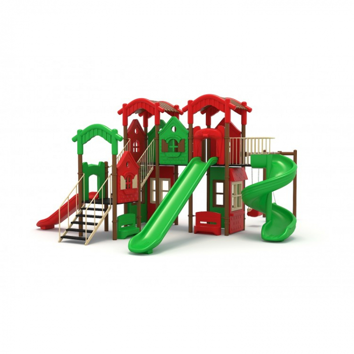 128M Casă Ansamblu Echipamente loc de joaca exterior parc din metal cu Scară 3 Tobogane 2 Băncuțe Activitati și 2 Leagăne [2]