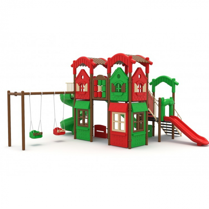 128M Casă Ansamblu Echipamente loc de joaca exterior parc din metal cu Scară 3 Tobogane 2 Băncuțe Activitati și 2 Leagăne [1]