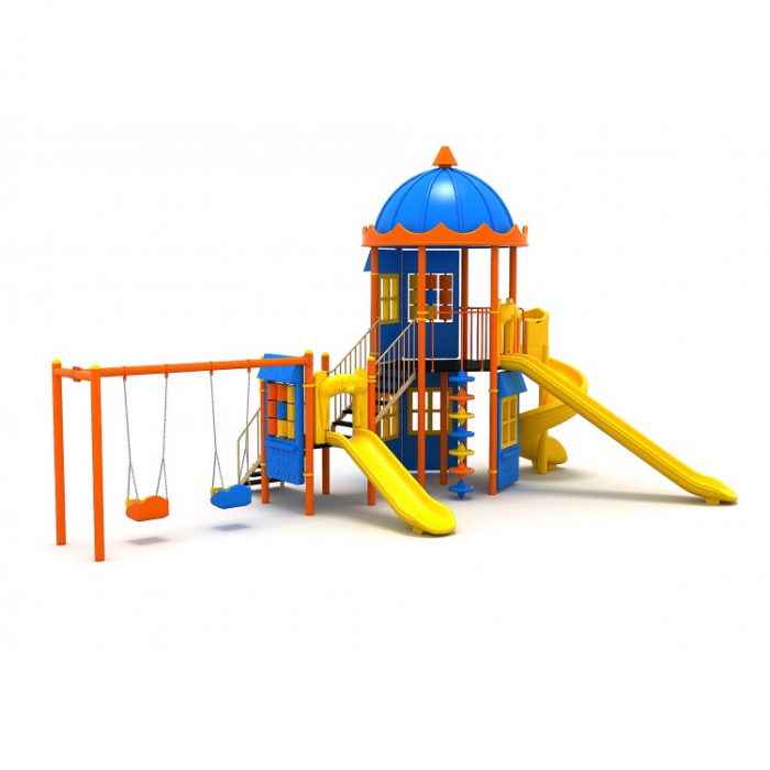 131M Casă Ansamblu Echipamente loc de joaca exterior parc din metal cu Scară 3 Tobogane 2 Leagăne Activitati și Cățărătoare [2]