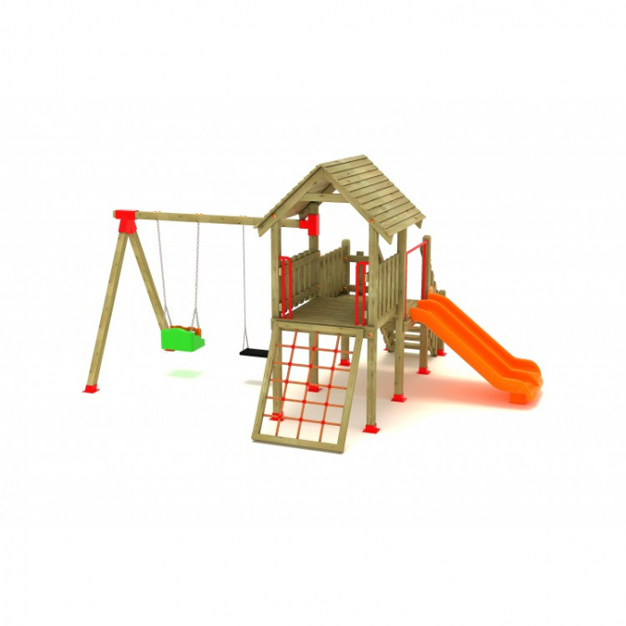 13A Clasic Echipament loc de joaca exterior parc din lemn cu Scara 2 Tobogane 2 Leagane si Cataratoare [2]