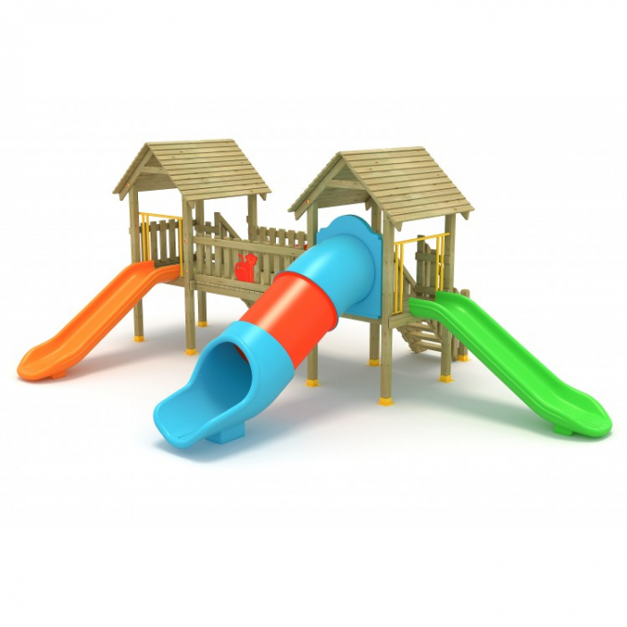 14A Clasic Echipament loc de joaca exterior parc din lemn cu 2 Scari si 3 Tobogane [2]