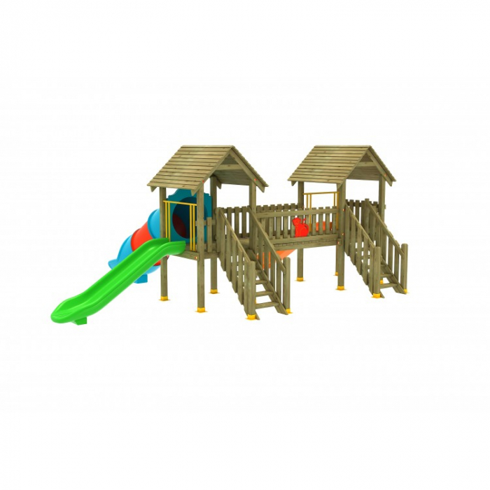14A Clasic Echipament loc de joaca exterior parc din lemn cu 2 Scari si 3 Tobogane [1]