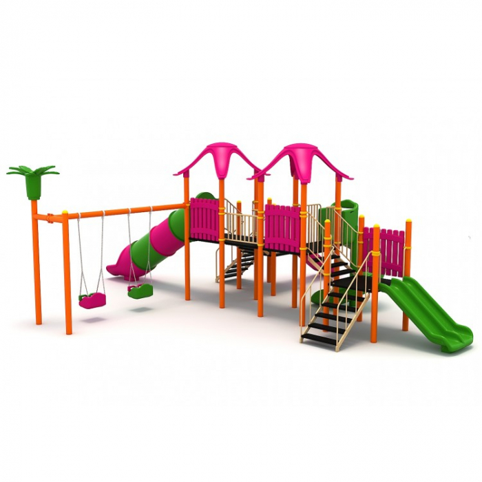167M Clasic Ansamblu Echipamente loc de joaca exterior parc din metal cu 2 Scari 4 Tobogane si 2 Leagane [2]