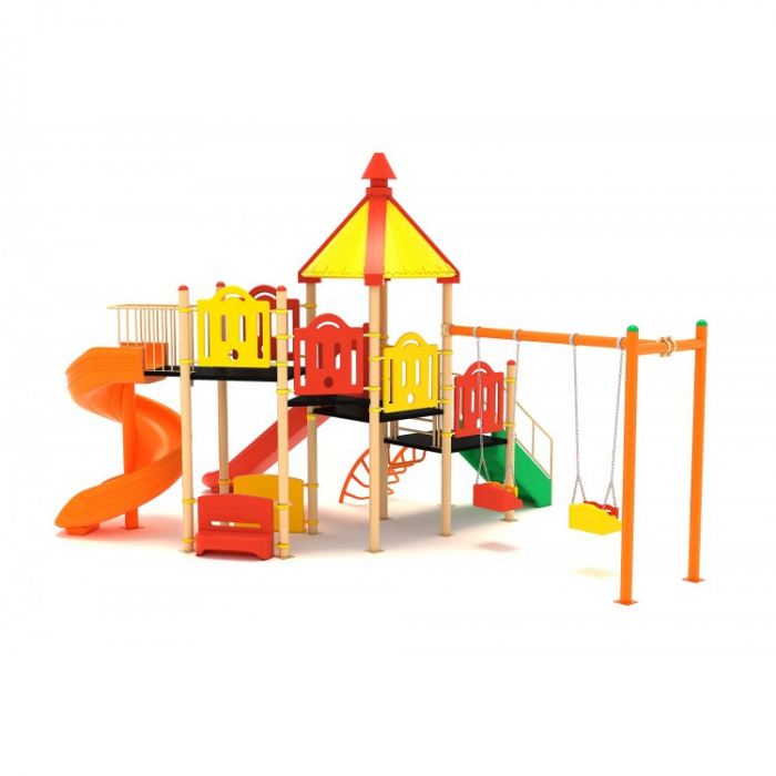 21M Clasic Echipament loc de joaca exterior parc din metal cu Scara 2 Tobogane 2 Leagane 2 Bancute si Cataratoare [2]
