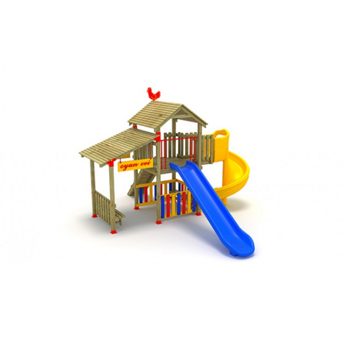 25A Clasic Echipament loc de joaca exterior parc din lemn cu 2 Tobogane 2 Bancute si Cataratoare [2]