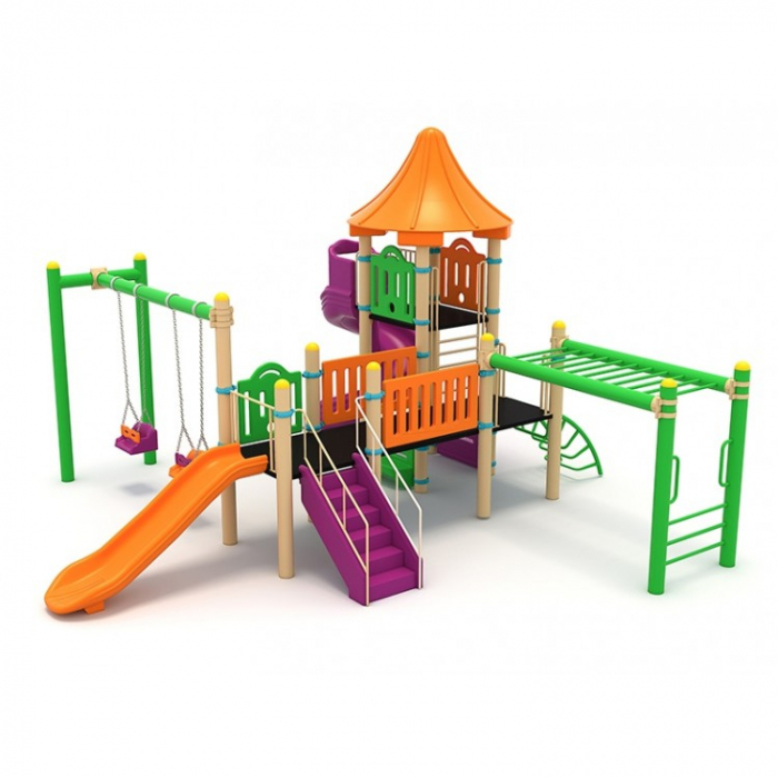 25M Clasic Ansamblu Echipamente loc de joaca exterior parc din metal cu Scara 2 Tobogane 2 Leagane 2 Bancute si 2 Cataratoare [2]