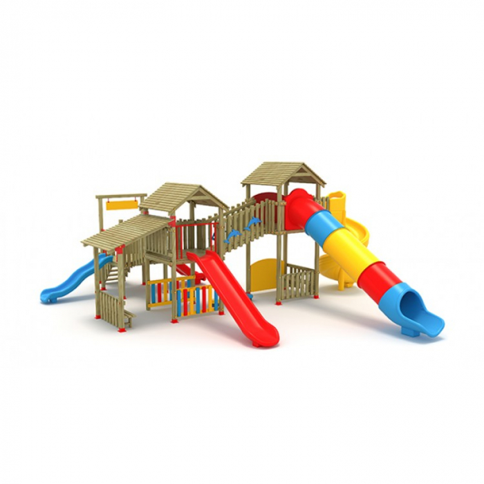 27A Clasic Ansamblu Echipament loc de joaca exterior parc din lemn cu Scara 5 Tobogane 2 Bancute si Cataratoare [2]