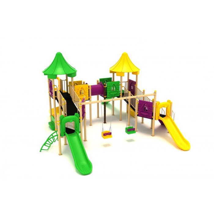 27M Clasic Ansamblu Echipamente loc de joaca exterior parc din metal cu Scara 4 Tobogane Tunel 2 Bancute si 2 Leagane [2]