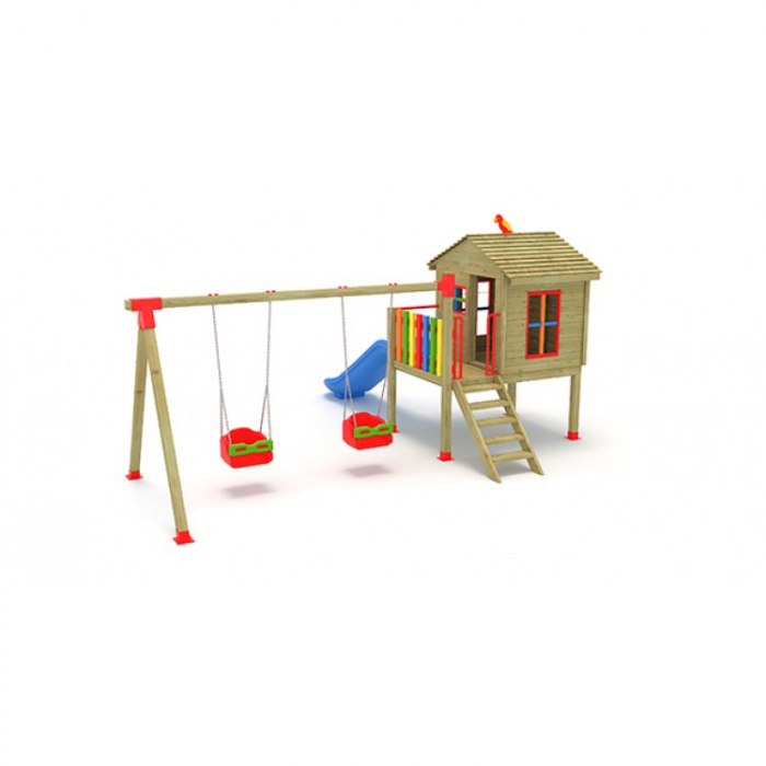 32A Casa Echipament loc de joaca exterior parc din lemn cu Scara Tobogan si 2 Leagane [2]