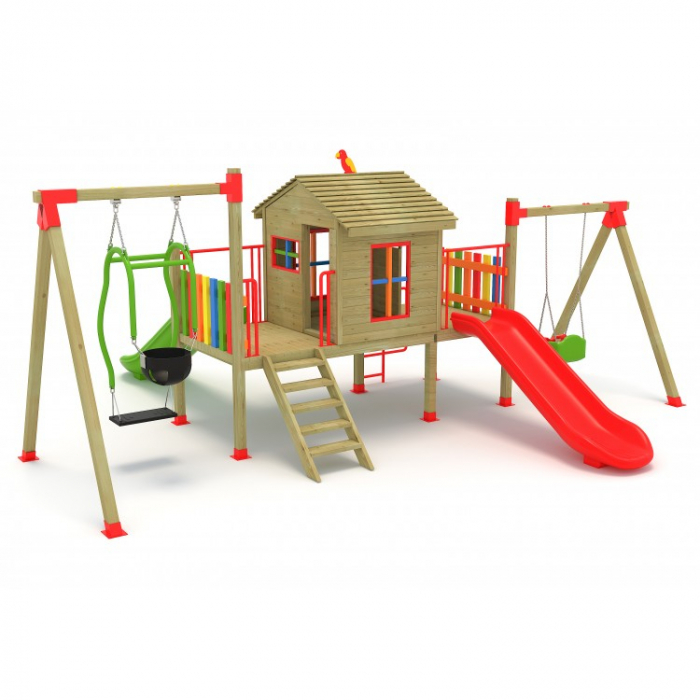 33A Casa Echipament loc de joaca exterior parc din lemn cu Scara 2 Tobogane 2 Leagane si Cataratoare [2]