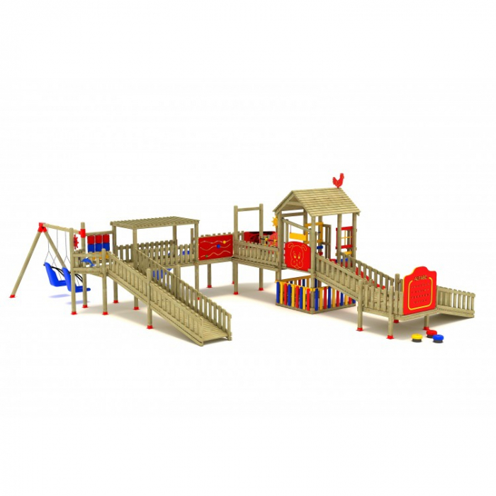 37EG Complex Ansamblu Echipamente loc de joaca dizabilitati exterior parc din lemn cu 2 Rampe 2 Tobogane 2 Leagăne Cataratoare și Activități [2]