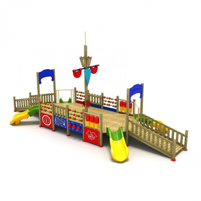 39EG Complex Ansamblu Echipamente loc de joaca dizabilitati exterior parc din lemn cu 2 Rampe 4 Tobogane și Activități [2]