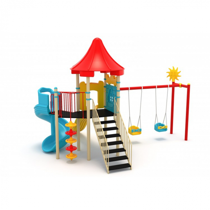44M Clasic Echipament loc de joaca exterior parc din metal cu Scara 2 Tobogane 2 Leagane si Cataratoare [1]