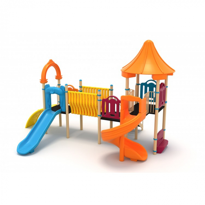 46M Clasic Echipament loc de joaca exterior parc din metal cu Scara 2 Tobogane Bancuta si Cataratoare [1]