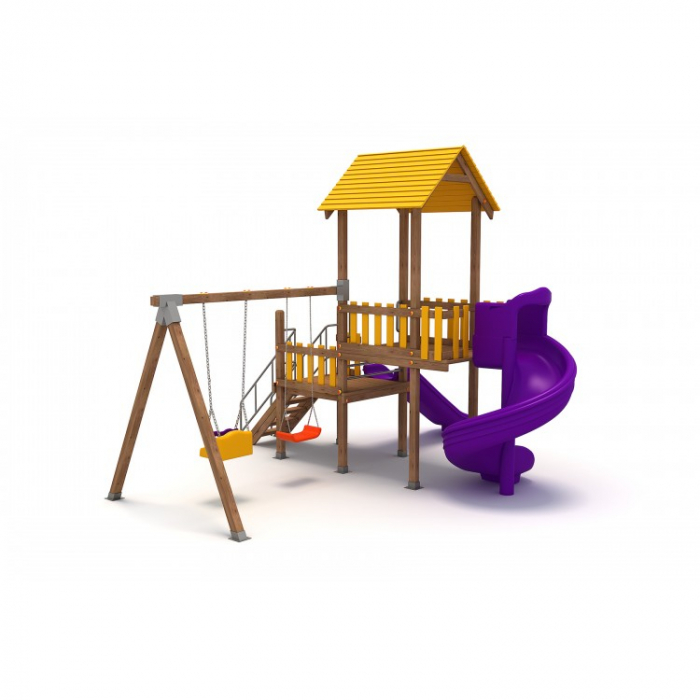 47A Clasic Echipament loc de joaca exterior parc din lemn cu Scara 2 Tobogane si 2 Leagane [1]